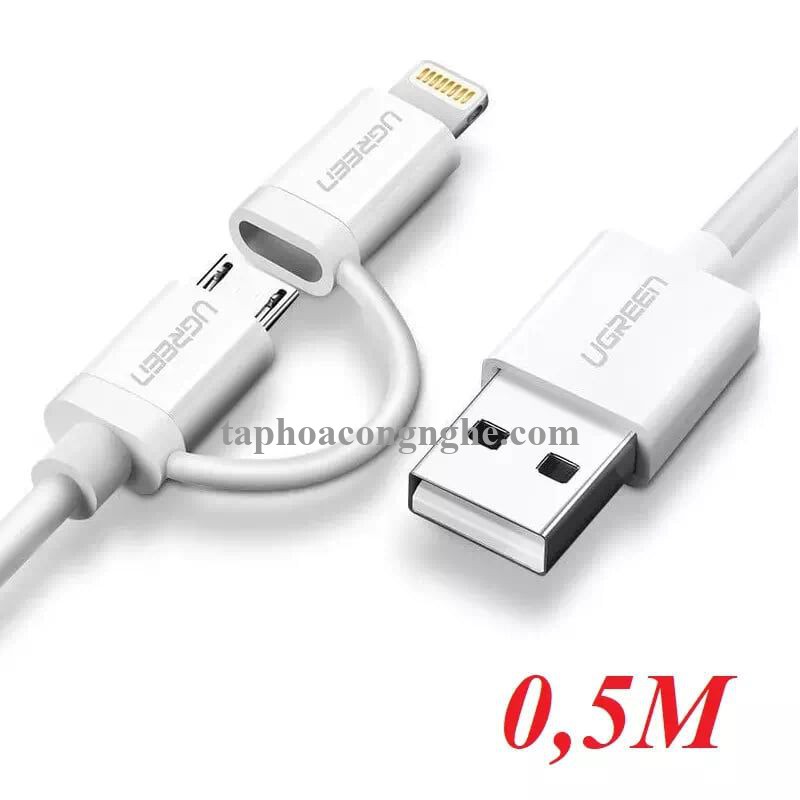 Ugreen 20875 0.5M màu Trắng Cáp sạc đa năng USB sang MicroUSB + Lightning US178 30020875